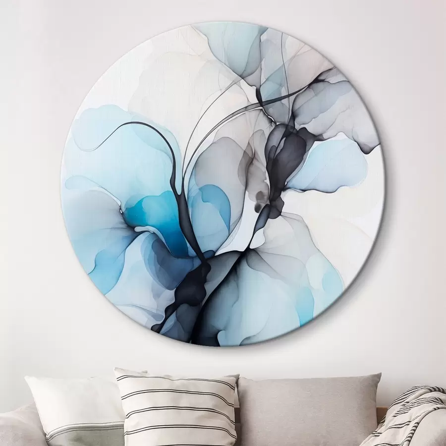 Pilt Abstraktne kompositsioon voolavate joonte ja läbikumavate kroonlehtedega sinise valge ja beeži toonides, alkoholi tindi imitatsioon r45177