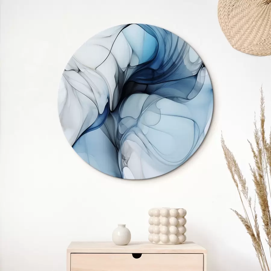 Pilt Abstraktne kompositsioon voolavate joonte ja läbikumavate kroonlehtedega sinise valge ja beeži toonides, alkoholi tindi imitatsioon r45178