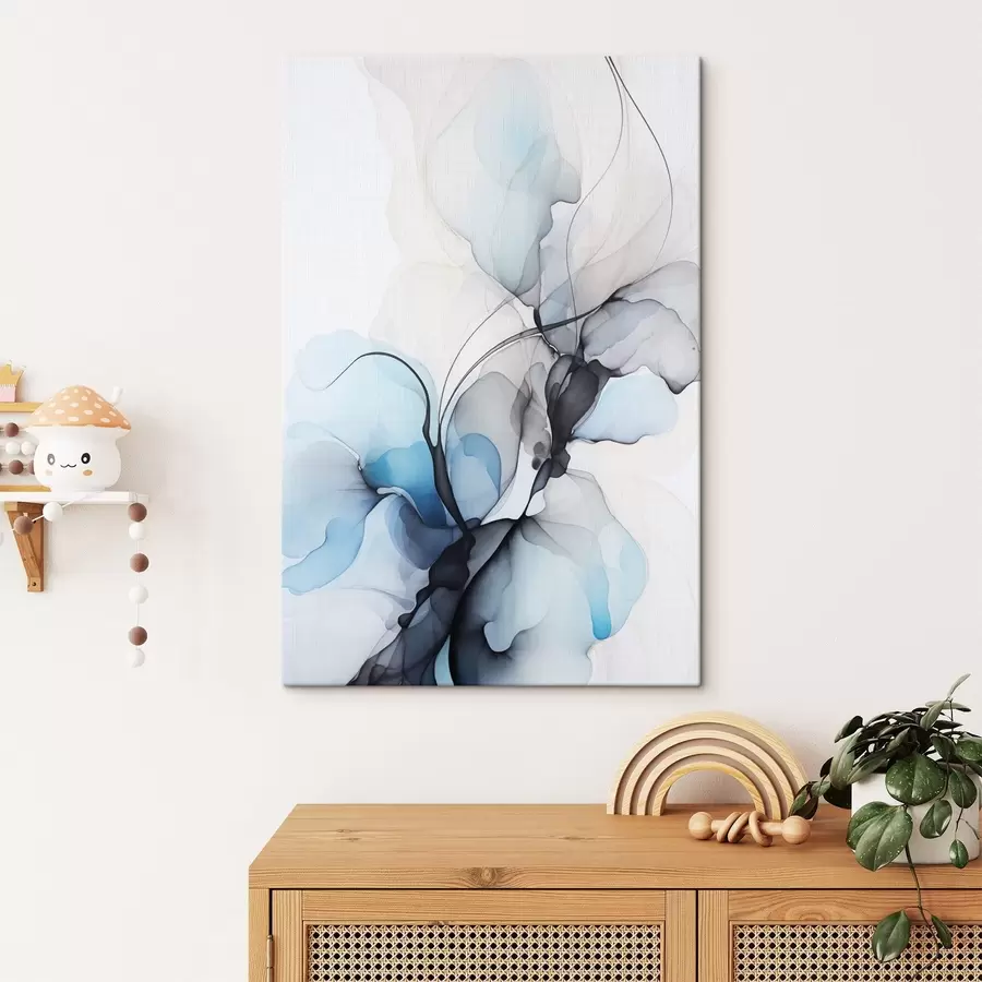 Pilt Abstraktne kompositsioon voolavate joonte ja läbikumavate kroonlehtedega sinise valge ja beeži toonides, alkoholi tindi imitatsioon s45177