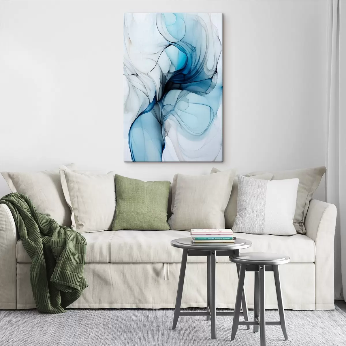 Pilt Abstraktne kompositsioon voolavate joonte ja läbikumavate kroonlehtedega sinise valge ja beeži toonides, alkoholi tindi imitatsioon s45178