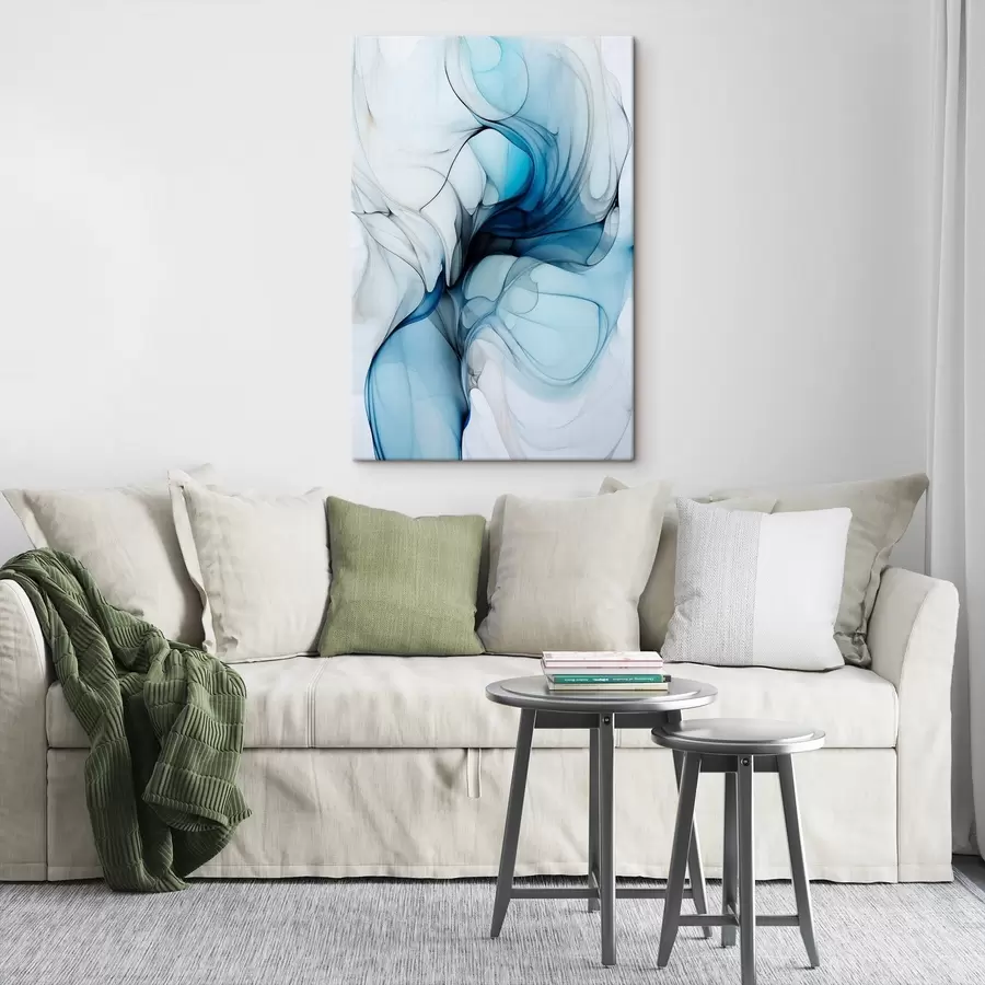 Pilt Abstraktne kompositsioon voolavate joonte ja läbikumavate kroonlehtedega sinise valge ja beeži toonides, alkoholi tindi imitatsioon s45178