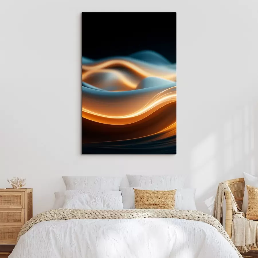 Pilt Abstraktsed voolavad kujud oranžide joontega, sujuvad kurvid ja jooned, dünaamiline kompositsioon, tume taust s45184