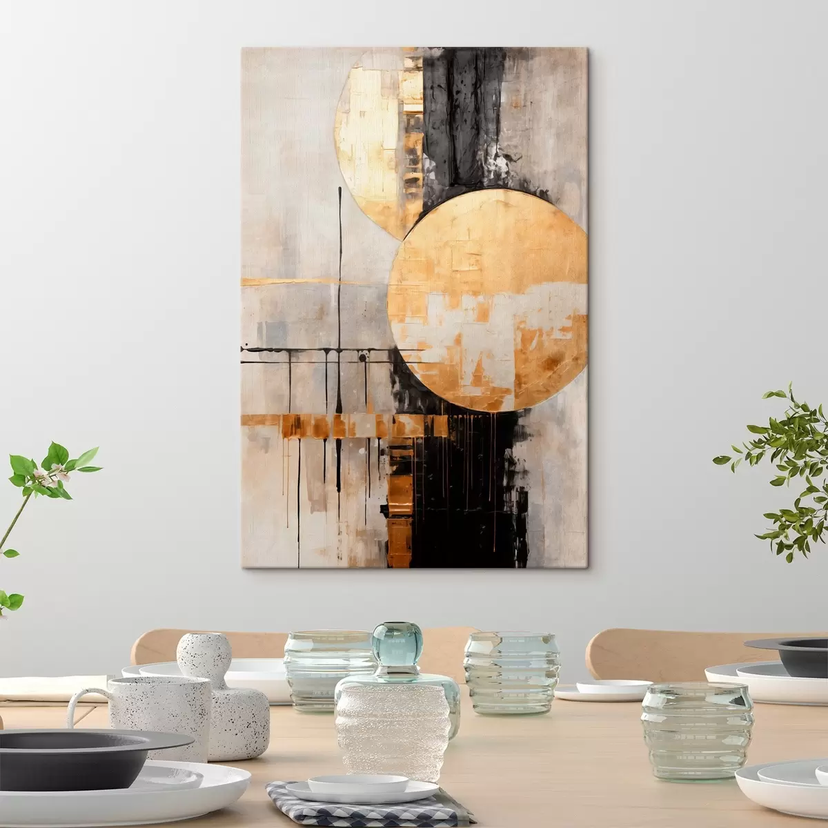 Pilt Abstraktne maal ringide, mustade ja kollaste joontega ning halli ja valge tooniga taustaga s45185