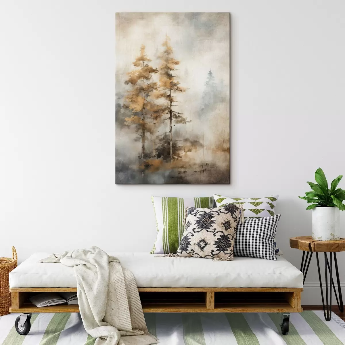 Pilt Tekstureeritud kõrged puud kollaste lehtedega metsas , taustal on pehme sinise ja pruuni tooni segu s45188