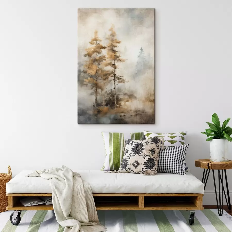 Pilt Tekstureeritud kõrged puud kollaste lehtedega metsas , taustal on pehme sinise ja pruuni tooni segu s45188