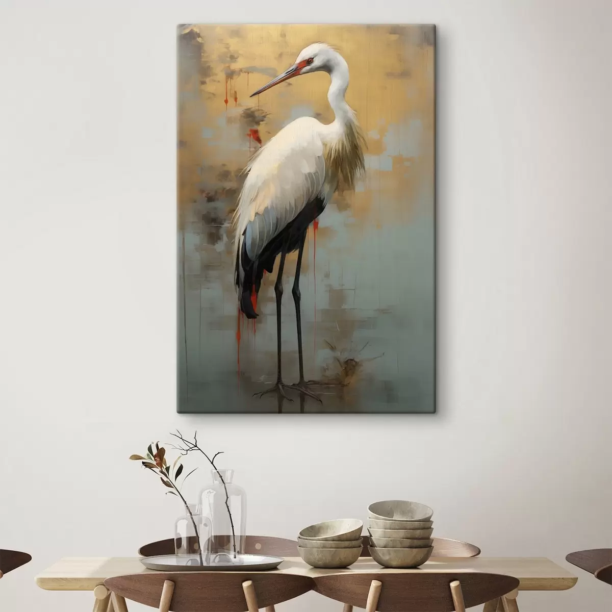 Pilt Valge haigur vaiksete kollaste, pruunide ja siniste toonide taustal, mis viitavad udusele, abstraktsele maastikule s45191