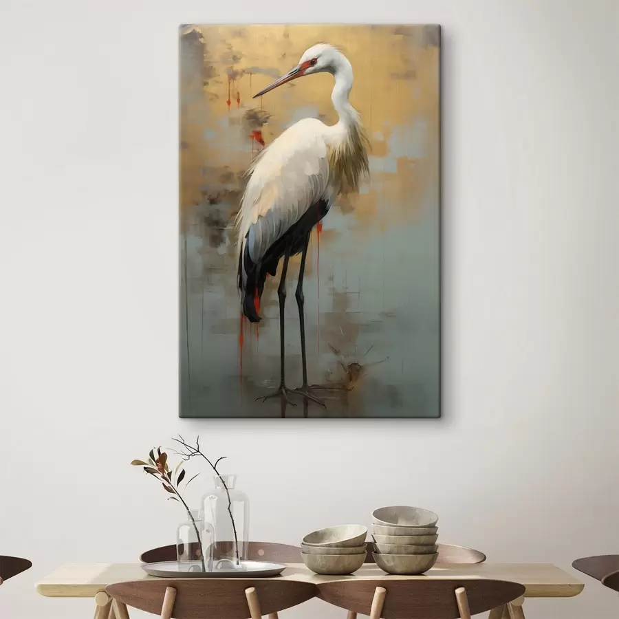 Pilt Valge haigur vaiksete kollaste, pruunide ja siniste toonide taustal, mis viitavad udusele, abstraktsele maastikule s45191