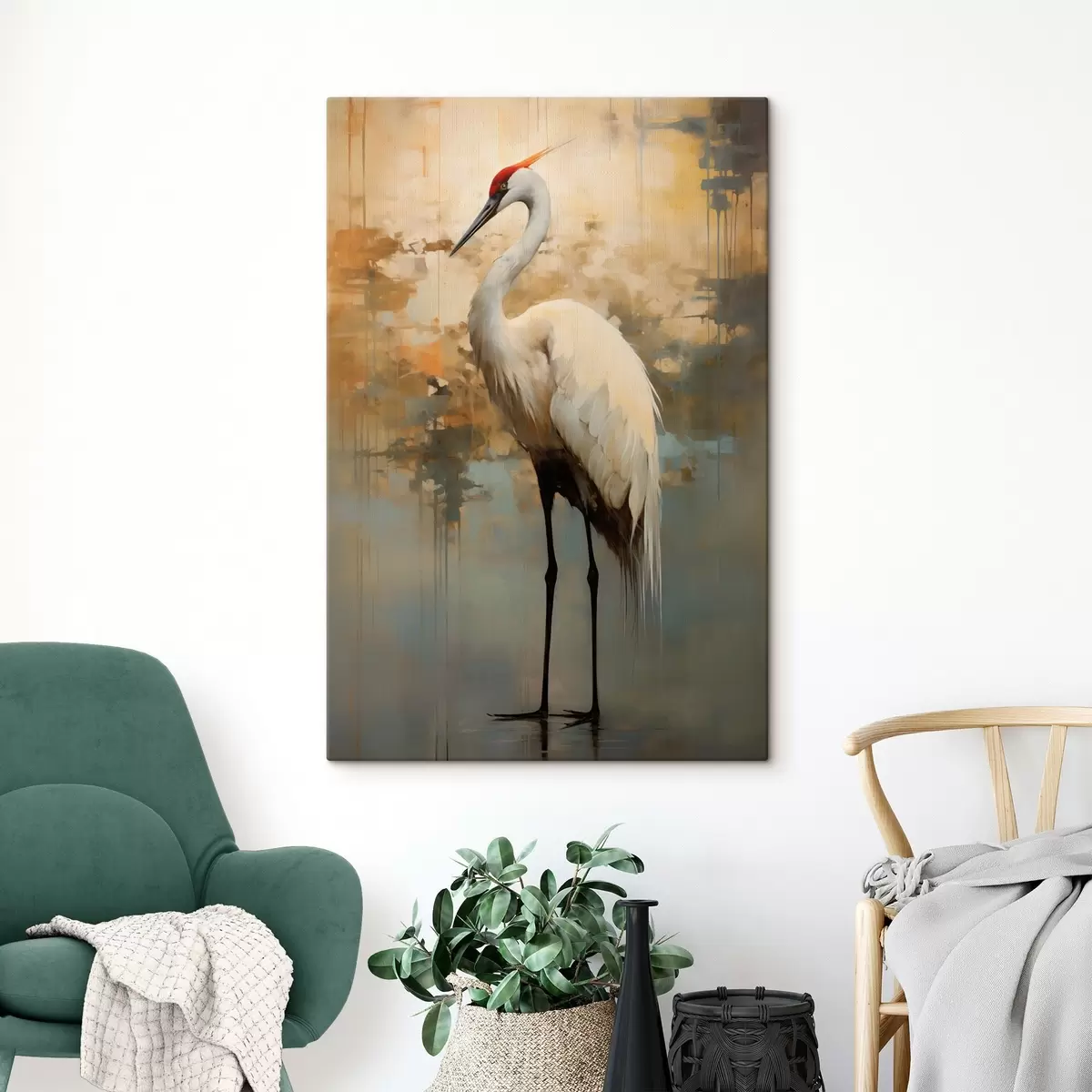 Pilt Valge haigur vaiksete kollaste, pruunide ja siniste toonide taustal, mis viitavad udusele, abstraktsele maastikule s45192