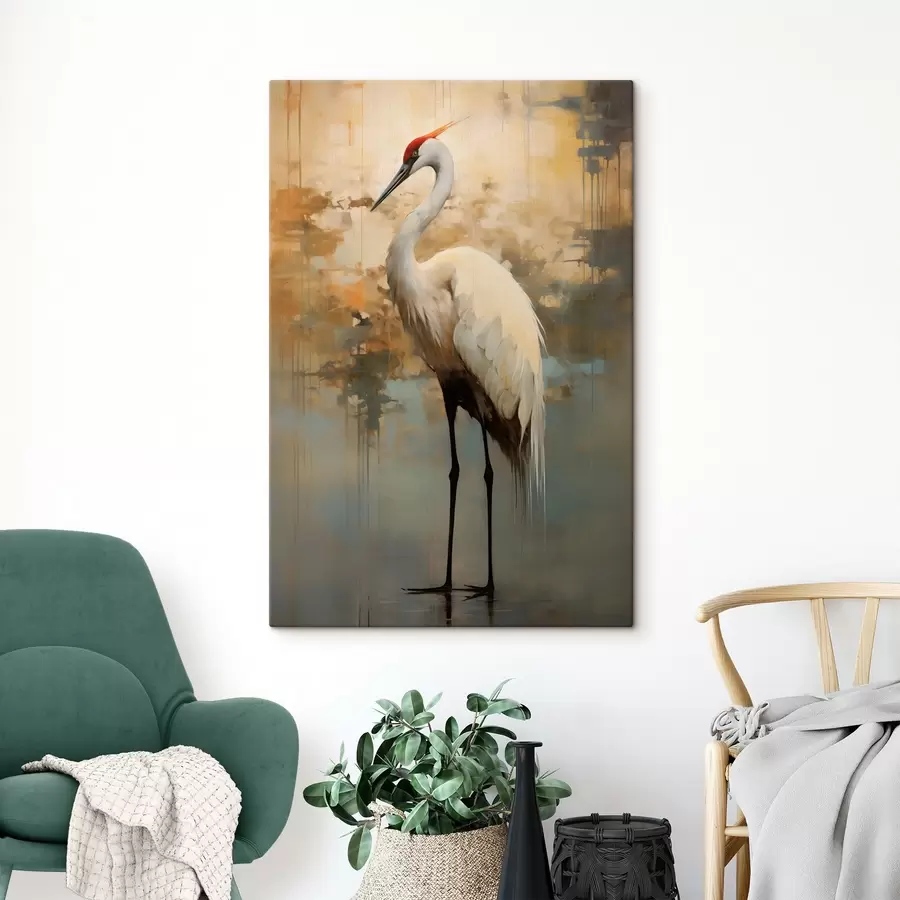 Pilt Valge haigur vaiksete kollaste, pruunide ja siniste toonide taustal, mis viitavad udusele, abstraktsele maastikule s45192