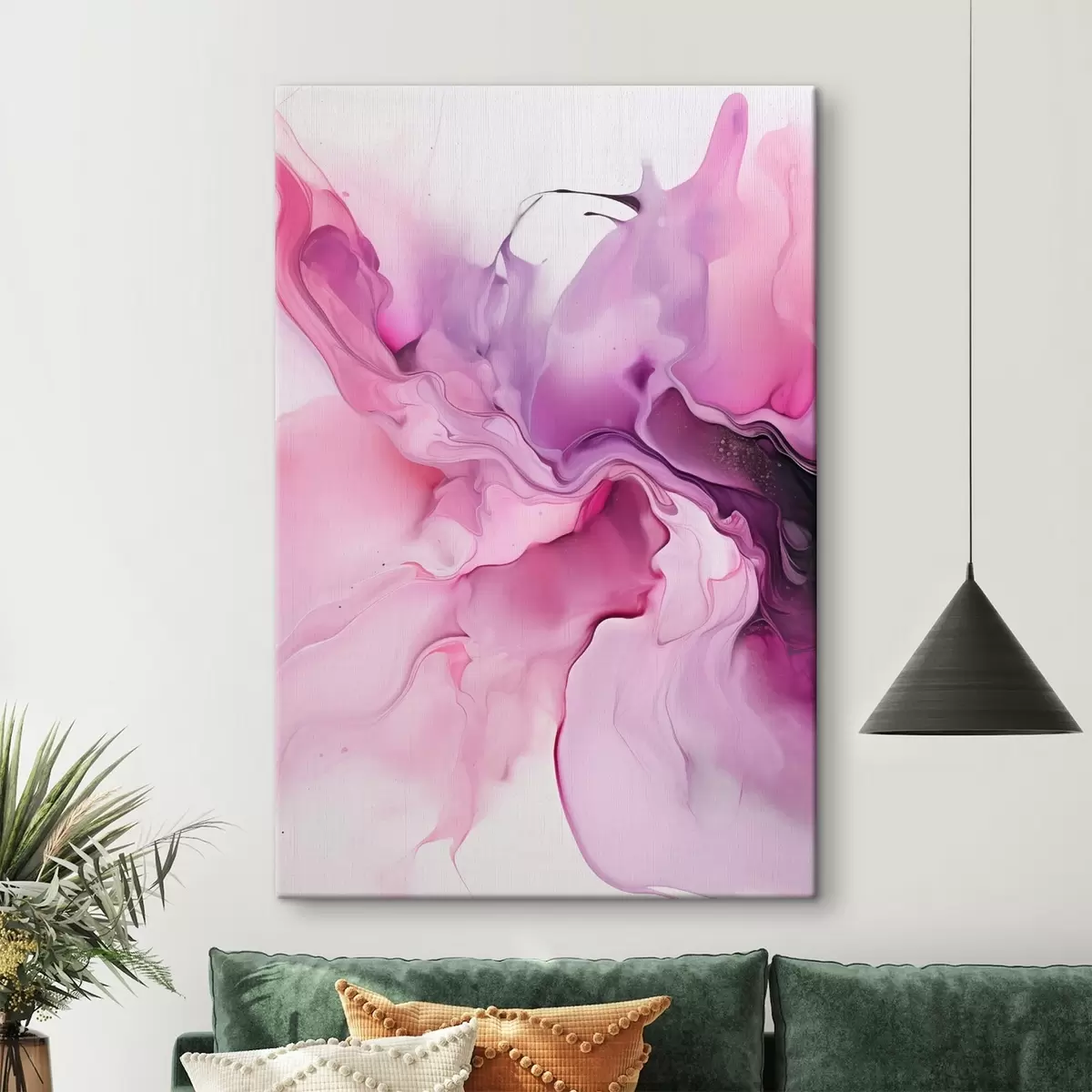 Pilt Abstraktsed roosa, lilla ja musta värvi keerised segunevad kokku voolavas, orgaanilises kompositsioonis, tekitades liikumise tunde s45195