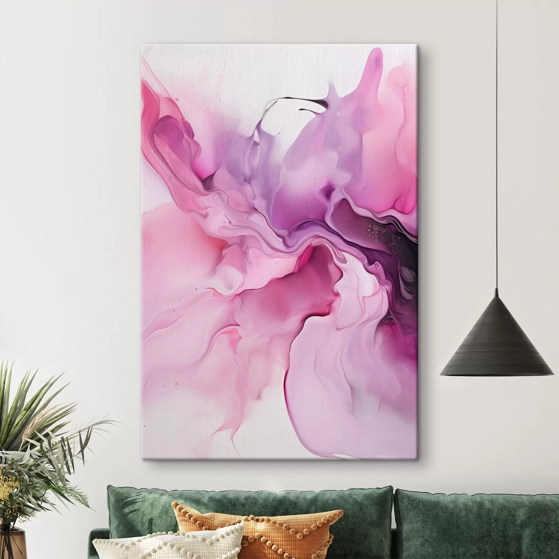 Pilt Abstraktsed roosa, lilla ja musta värvi keerised segunevad kokku voolavas, orgaanilises kompositsioonis, tekitades liikumise tunde s45195