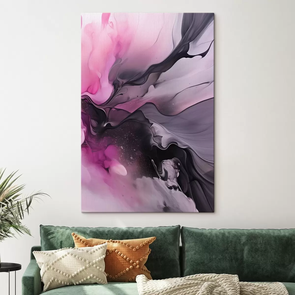 Pilt Abstraktsed roosa, lilla ja musta värvi keerised segunevad kokku voolavas, orgaanilises kompositsioonis, tekitades liikumise tunde s45196