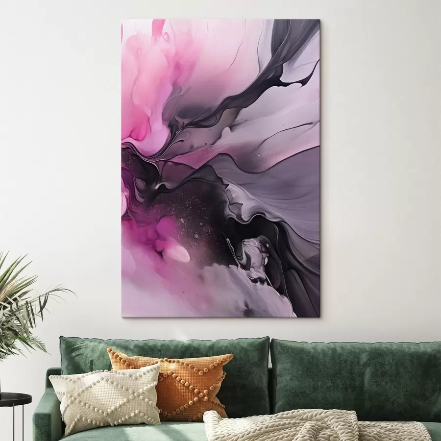 Pilt Abstraktsed roosa, lilla ja musta värvi keerised segunevad kokku voolavas, orgaanilises kompositsioonis, tekitades liikumise tunde s45196