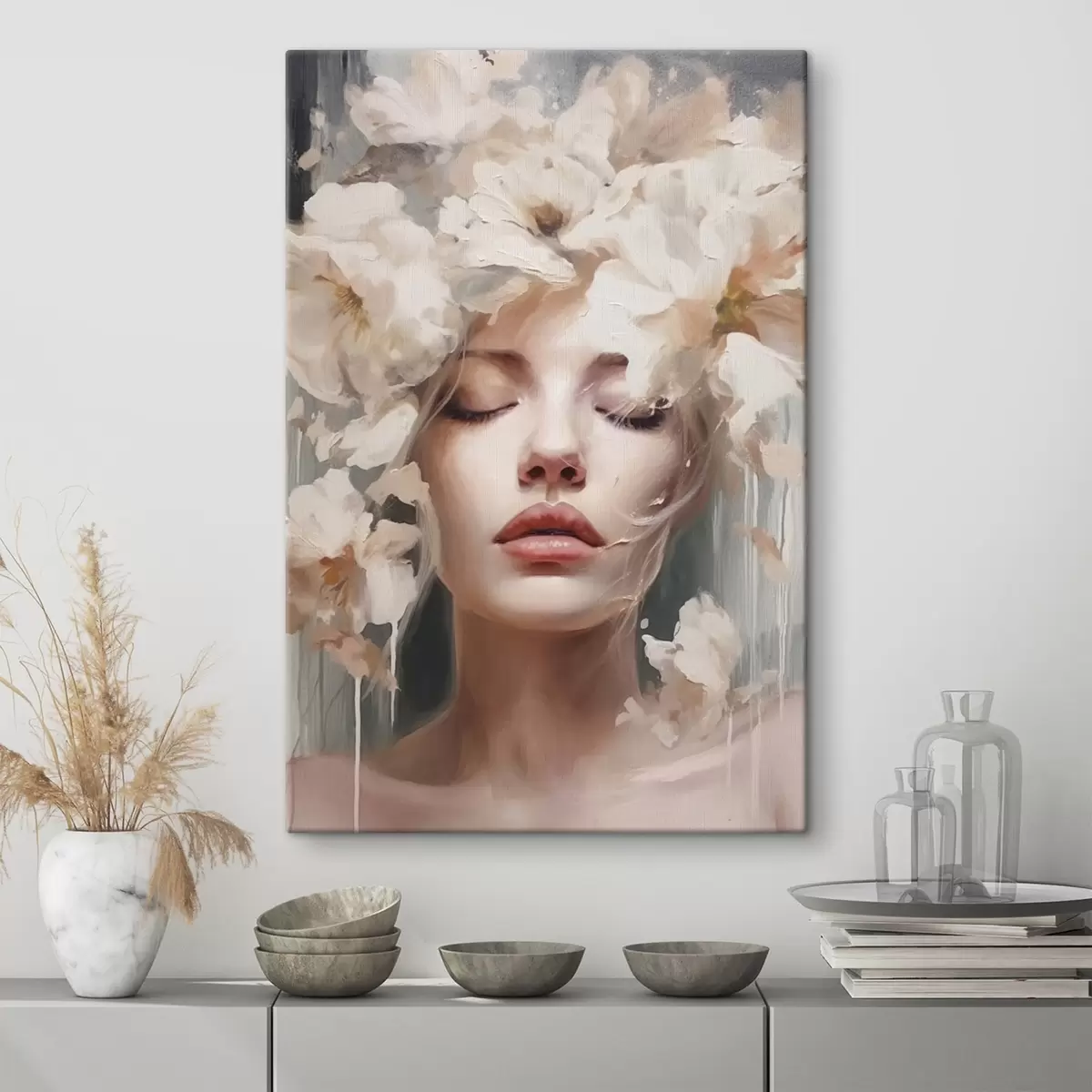 Pilt Naise portree valgete lilledega s45218