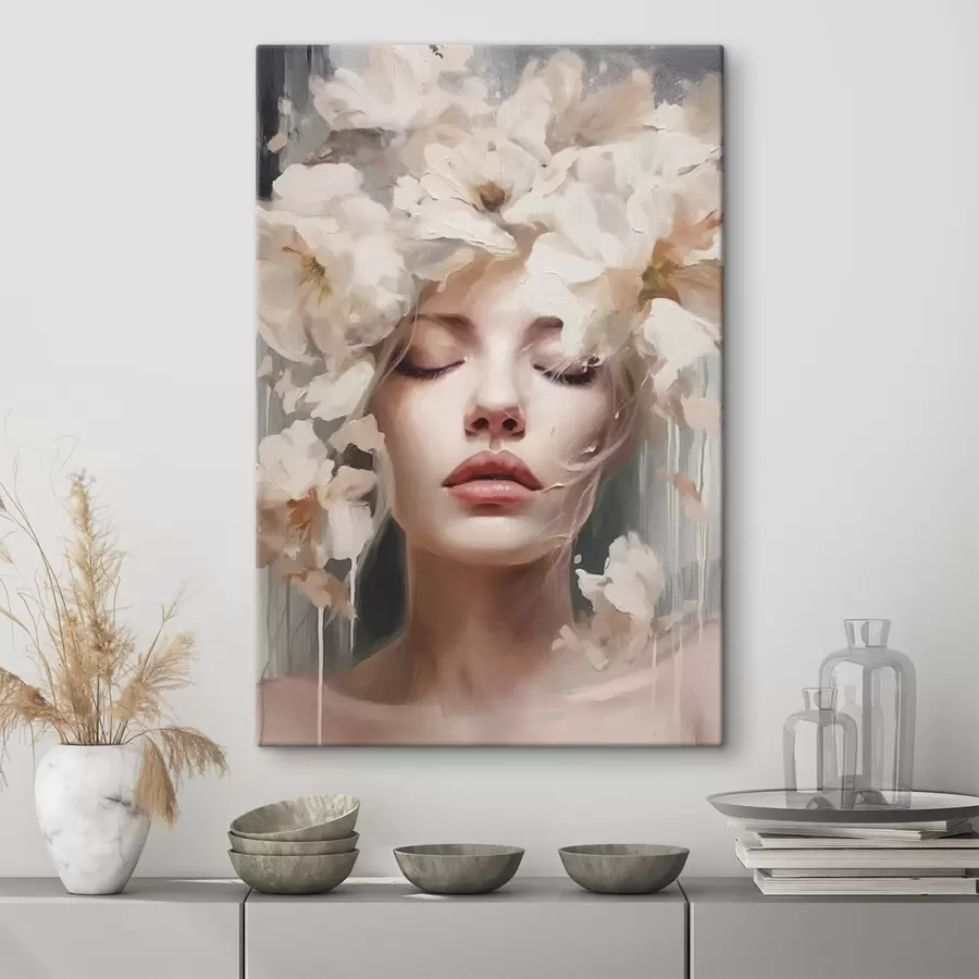 Pilt Naise portree valgete lilledega s45218