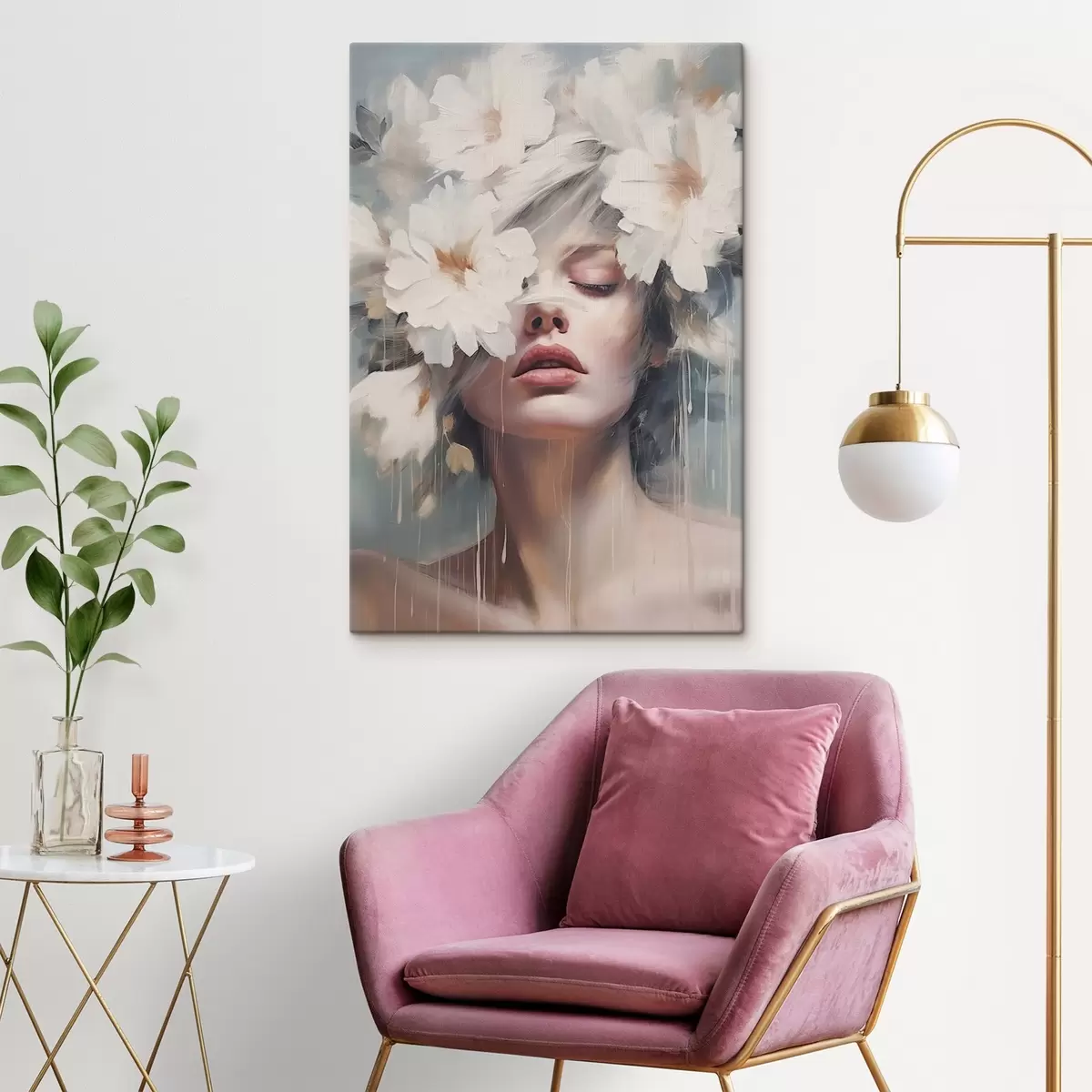 Pilt Naise portree valgete lilledega s45219