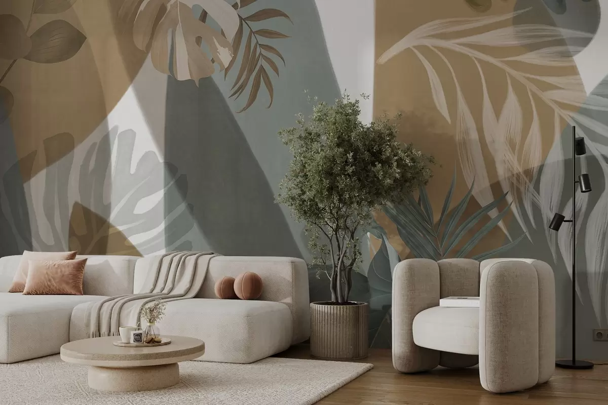 Fototapeedid Monstera lehed ja palmilehed pruunide, valgete ja roheliste värvidega mustriga, troopiline õhkkond, abstraktsed kujundid, dekoratiivne w09288