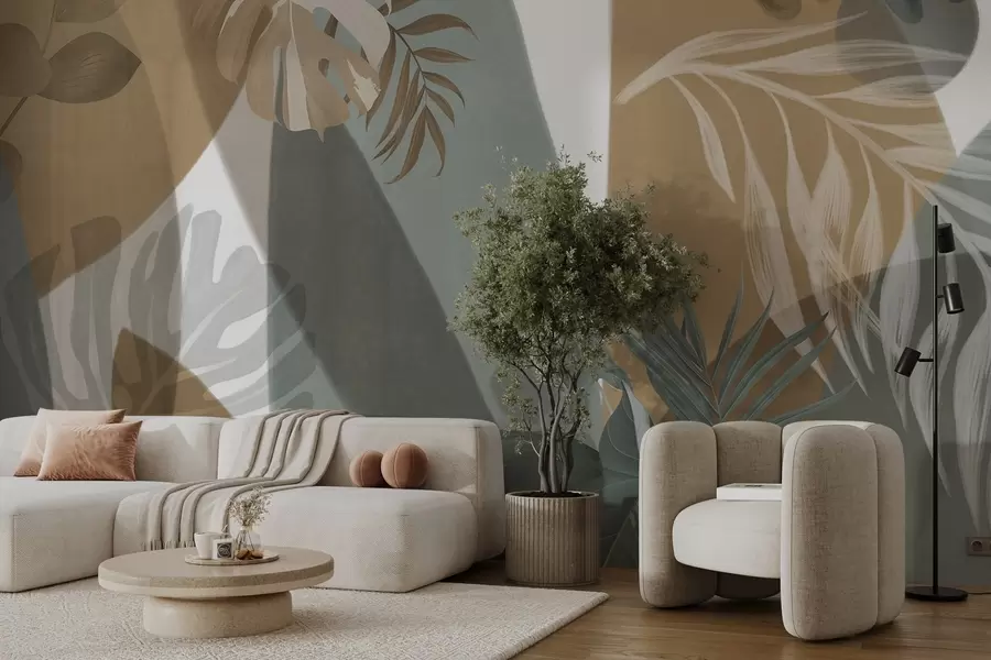 Fototapeedid Monstera lehed ja palmilehed pruunide, valgete ja roheliste värvidega mustriga, troopiline õhkkond, abstraktsed kujundid, dekoratiivne w09288