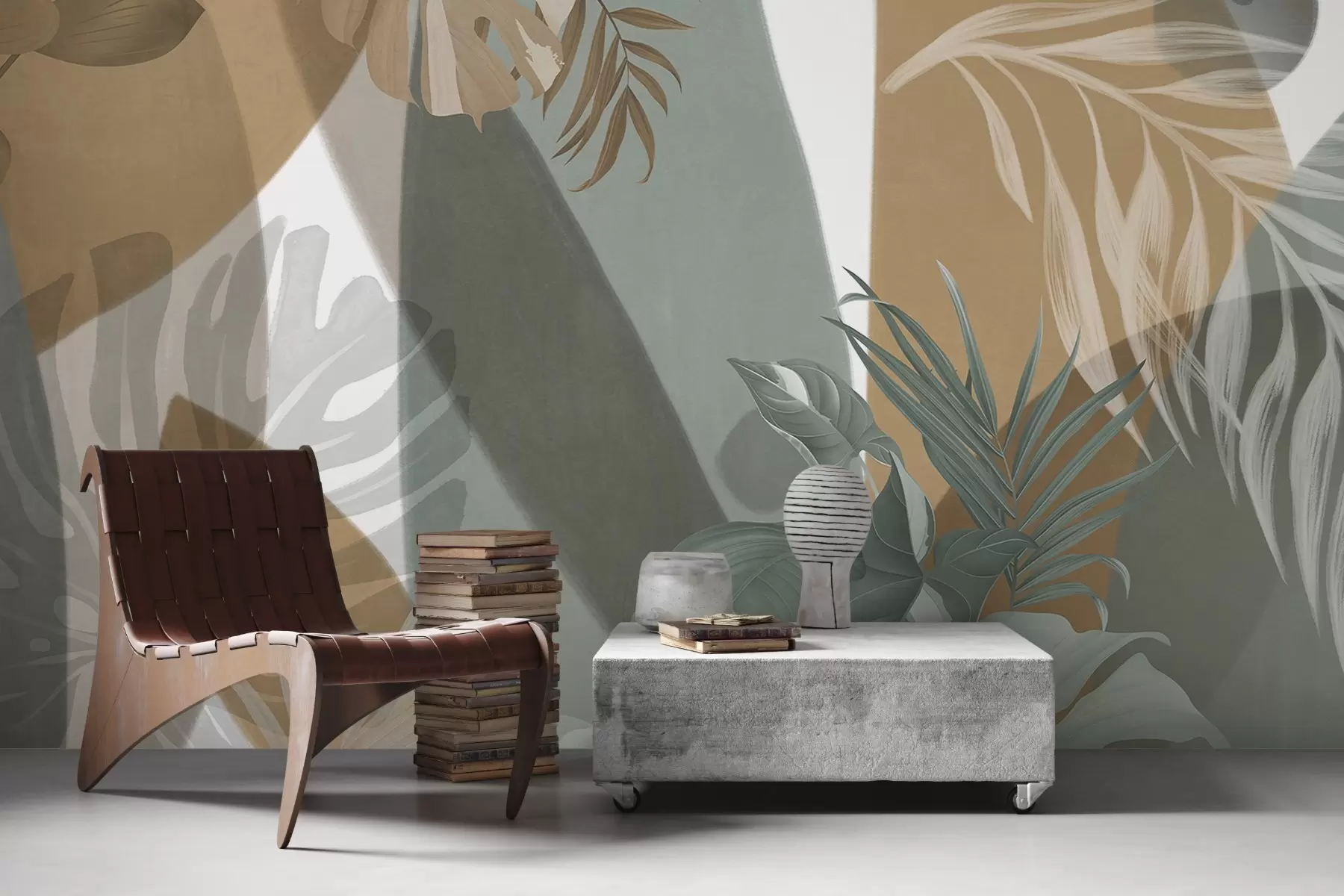 Fototapeedid Monstera lehed ja palmilehed pruunide, valgete ja roheliste värvidega mustriga, troopiline õhkkond, abstraktsed kujundid, dekoratiivne w09288