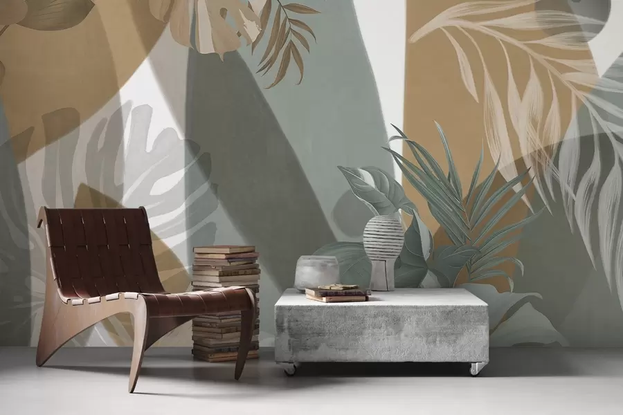 Fototapeedid Monstera lehed ja palmilehed pruunide, valgete ja roheliste värvidega mustriga, troopiline õhkkond, abstraktsed kujundid, dekoratiivne w09288