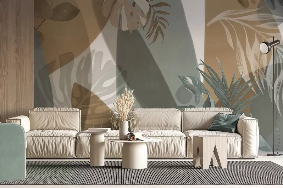 Fototapeedid Monstera lehed ja palmilehed pruunide, valgete ja roheliste värvidega mustriga, troopiline õhkkond, abstraktsed kujundid, dekoratiivne w09288