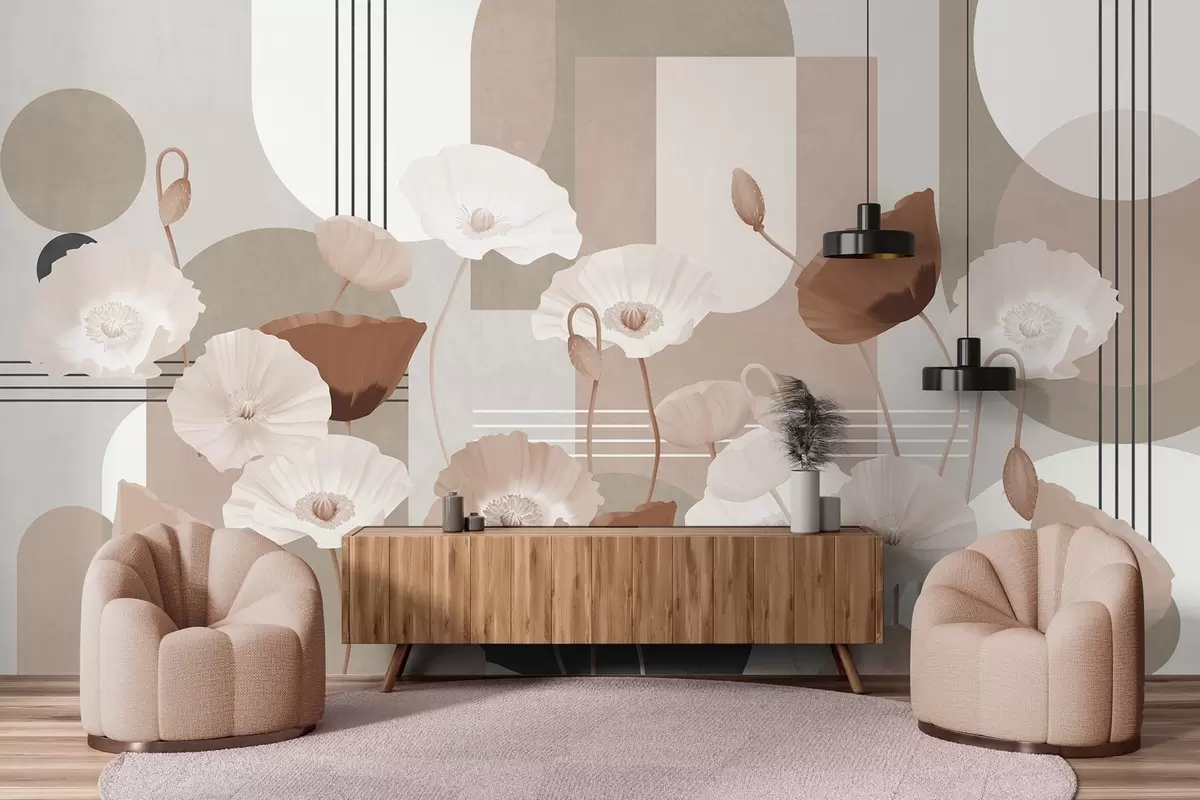 Fototapeedid Valge ja beeži värvi moonid geomeetriliste kujunditega taustal, ringid ja kaared, minimalistlik stiil, pehmed värvid w09289