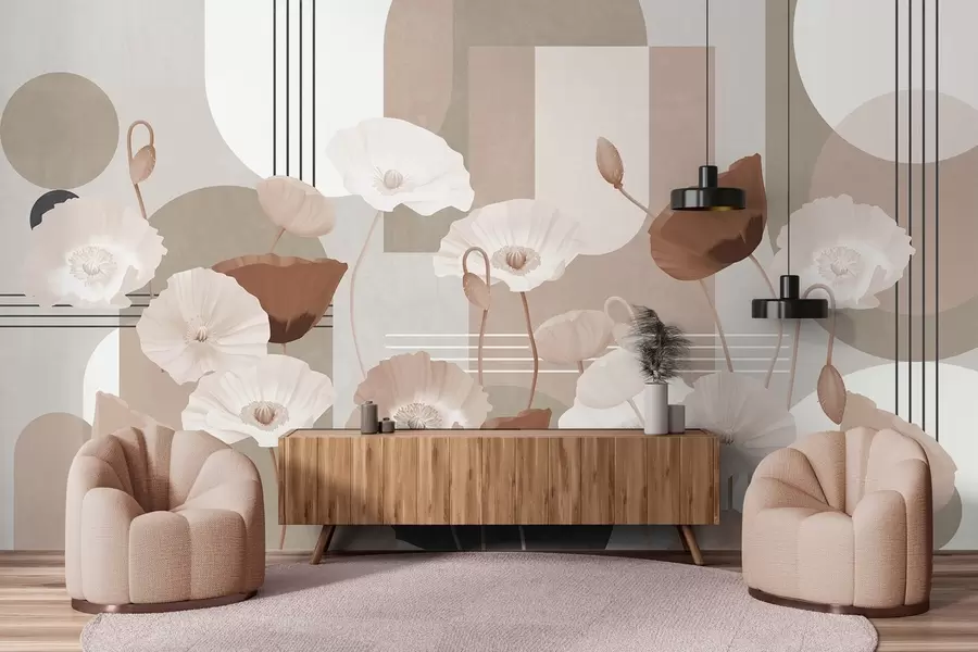 Fototapeedid Valge ja beeži värvi moonid geomeetriliste kujunditega taustal, ringid ja kaared, minimalistlik stiil, pehmed värvid w09289