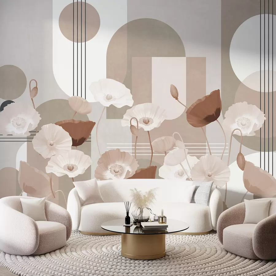 Fototapeedid Valge ja beeži värvi moonid geomeetriliste kujunditega taustal, ringid ja kaared, minimalistlik stiil, pehmed värvid w09289