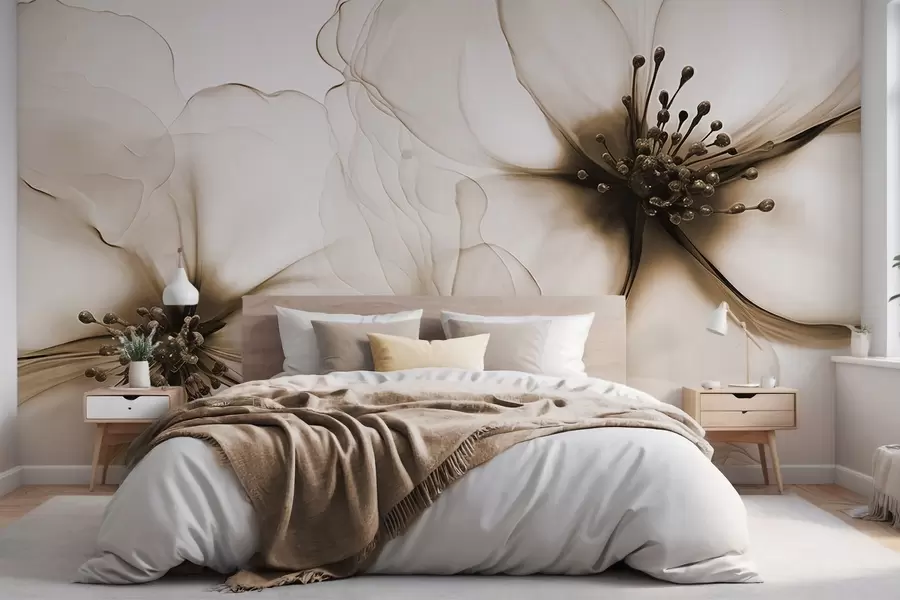 Fototapeedid Kaks läbipaistva tekstuuriga pruuni õit, millel on nähtavad õied, kattuvad õrnad kroonlehed ja pehme voolav tekstuur w09295