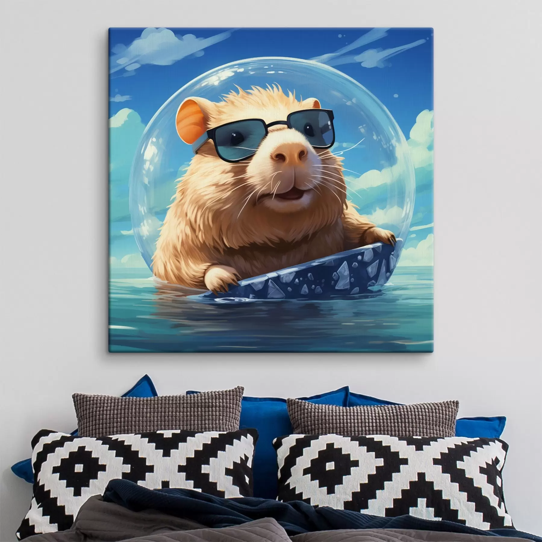 Fototapeedid Rõõmsameelne capybara läbipaistvas mullas vee peal s45029