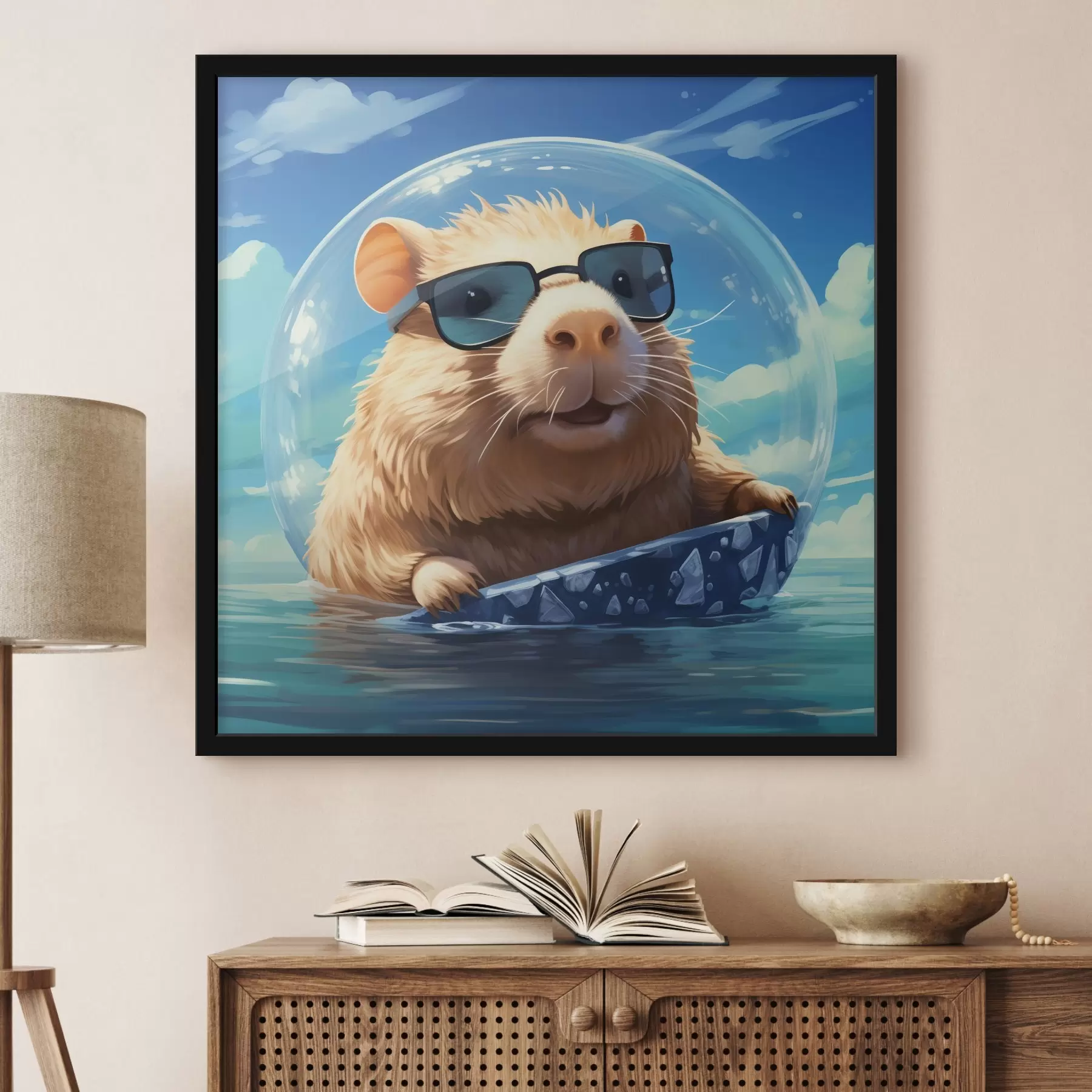 Pilt Rõõmsameelne capybara läbipaistvas mullas vee peal f45029