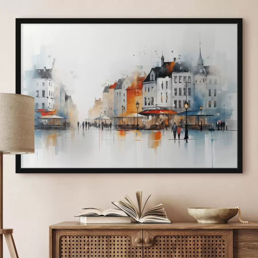 Fototapeedid Kunstilises stiilis hoonete ja inimestega tänavapilt f45050