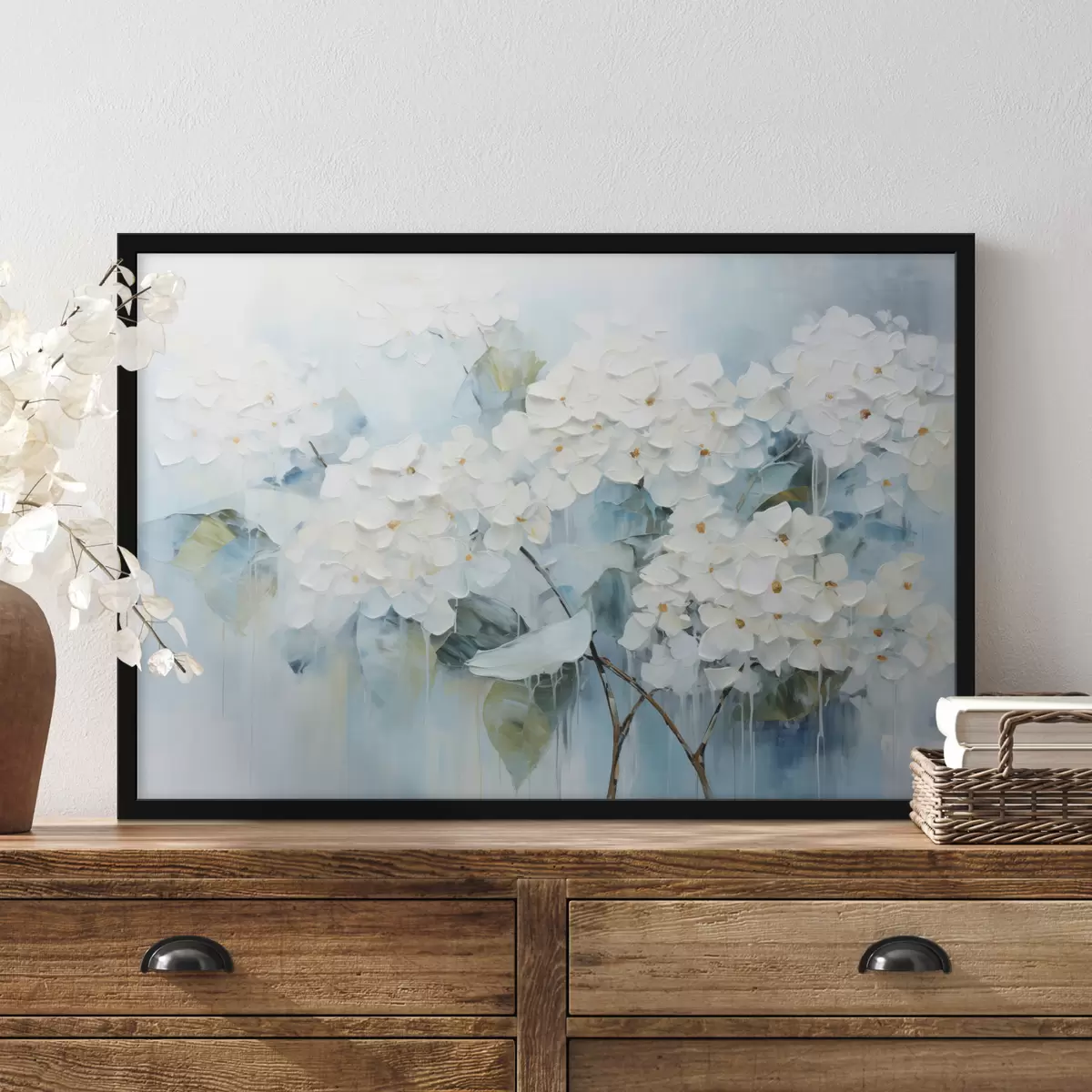 Plakat Õitsevad valged hortensiad õlimaalide stiilis f45051
