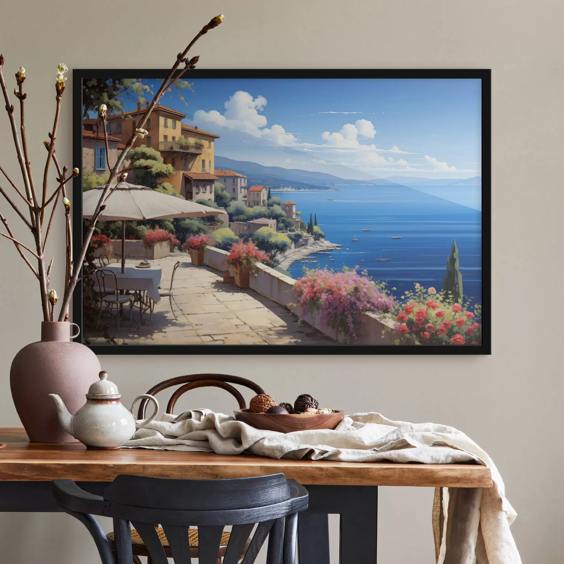 Fototapeedid Vahemere maastik koos õitsva terrassiga kunstilises stiilis f45053