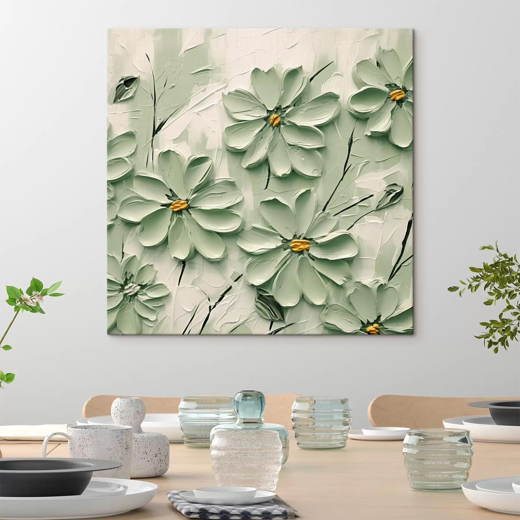 Pilt Rohelised lilled kollase keskusega värvitud paksude pintslitõmmetega heledal taustal s45265