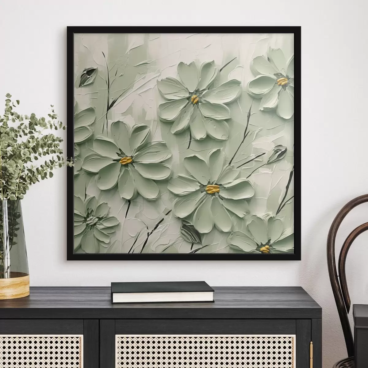 Plakat Rohelised lilled kollase keskusega värvitud paksude pintslitõmmetega heledal taustal f45265