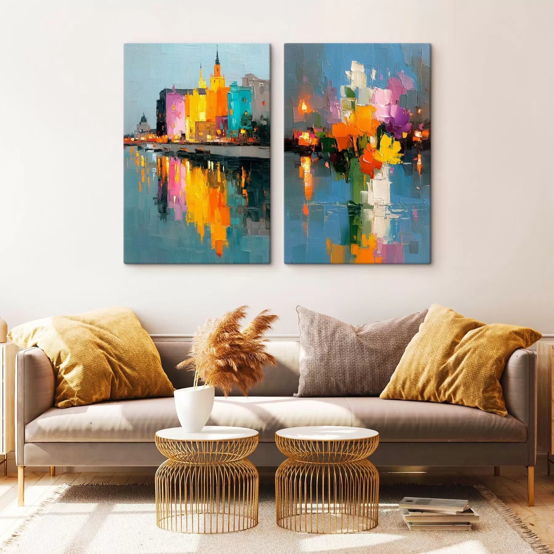 Pilt Linna dünaamika: abstraktne kompositsioon koos tulede peegeldustega jõel m00569