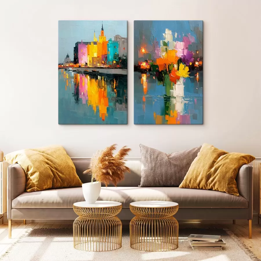 Pilt Linna dünaamika: abstraktne kompositsioon koos tulede peegeldustega jõel m00569