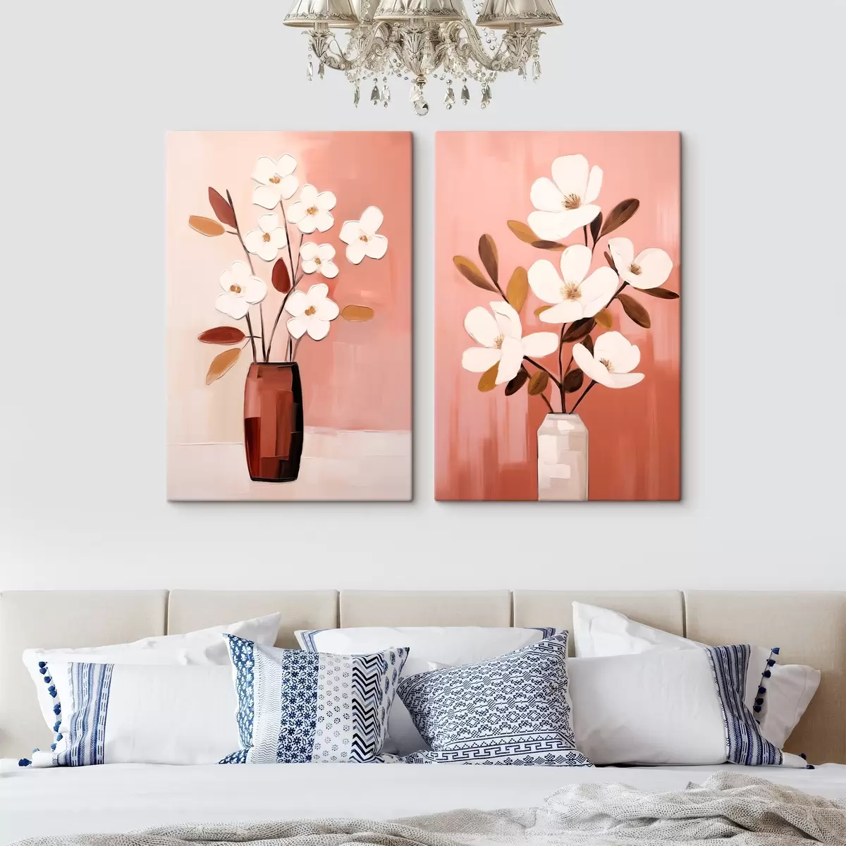 Pilt Kompositsioon kontrastsete vaaside ja tekstuursete valgete lilledega m00575