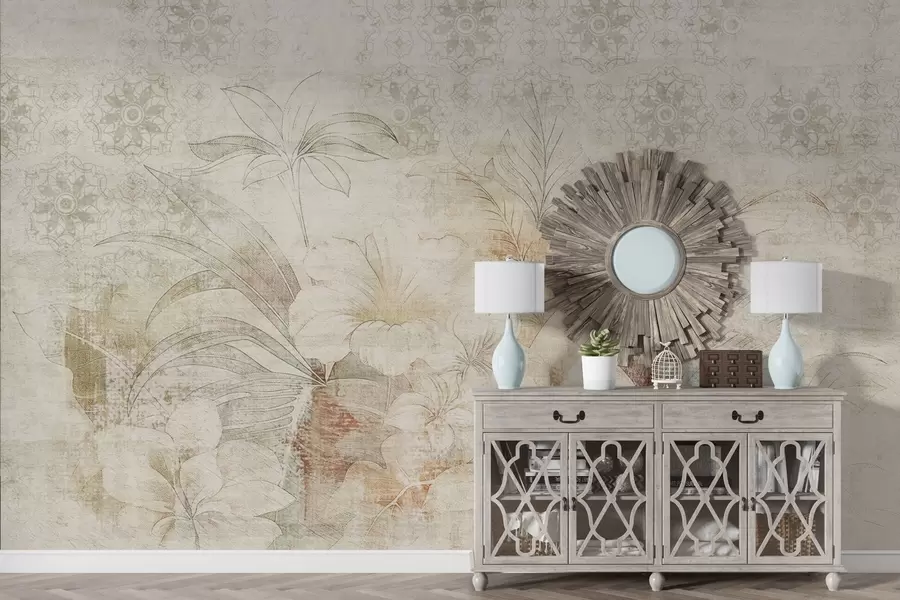 Fototapeedid Lilled ja lehed tekstuursel taustal koos ornamentidega w04343