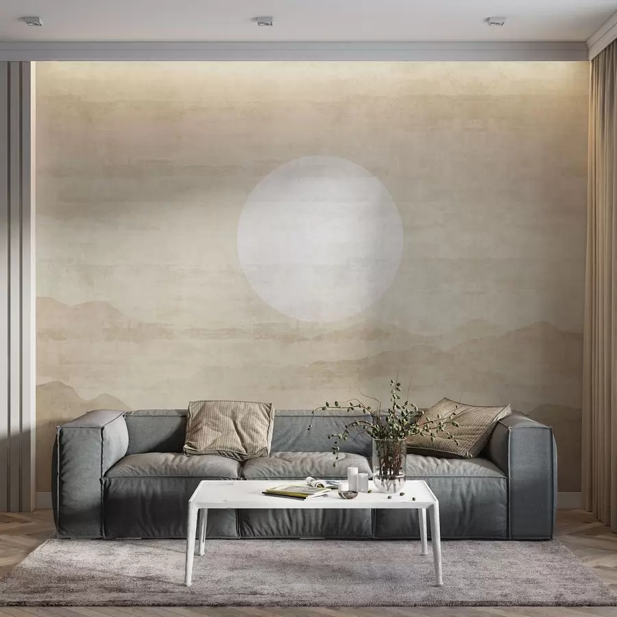 Fototapeedid Minimalistlik mägimaastik suure valge päikesega w04345