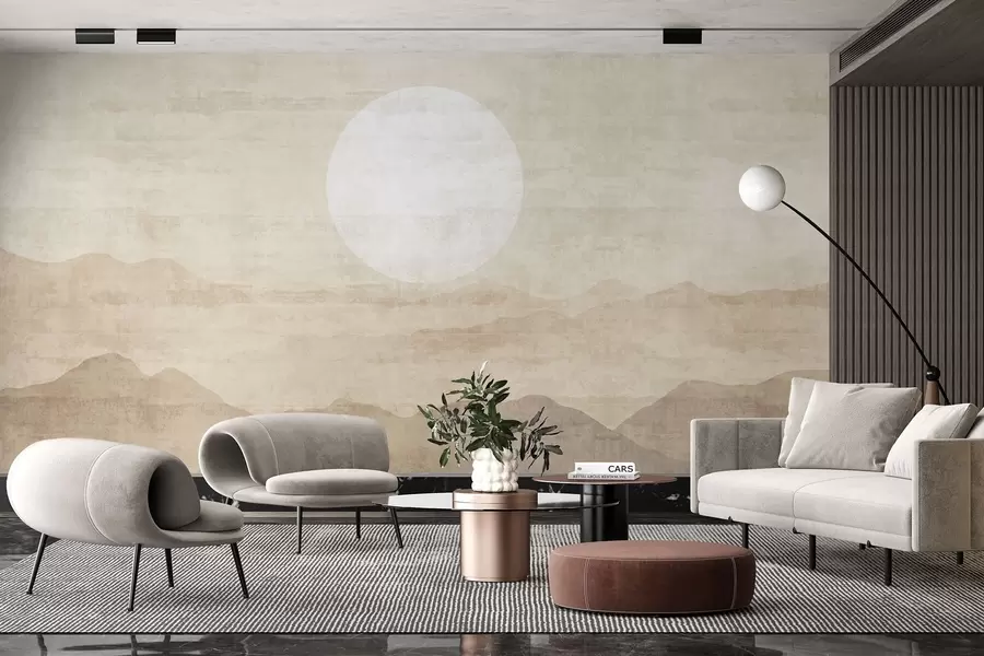 Fototapeedid Minimalistlik mägimaastik suure valge päikesega w04345