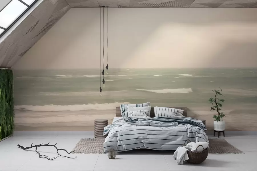 Fototapeedid Pehme roosa-roheline meremaastik õrnade lainetega w04348