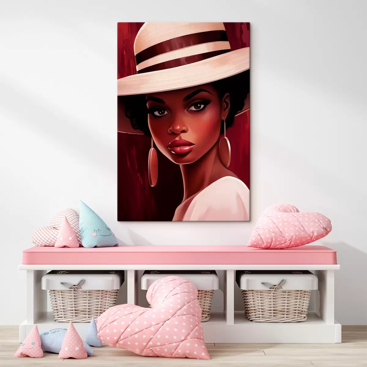 Pilt Naine heledas mütsis ja ümmarguste kõrvarõngastega s45323