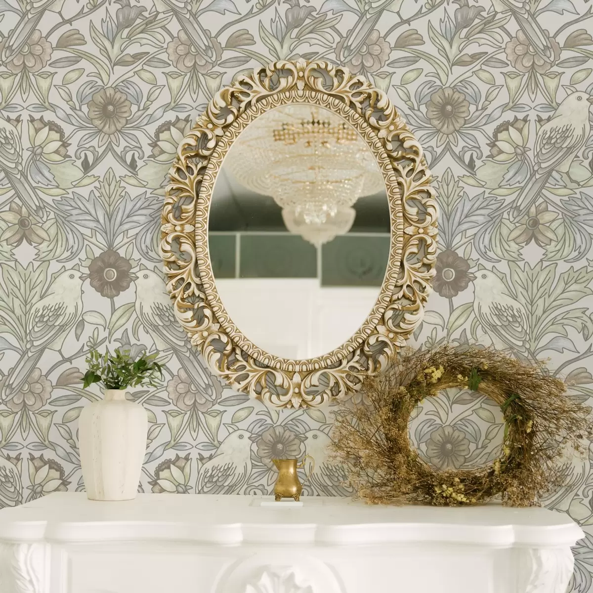 Tapeet Juugendstiilis linnud ja pastelsed stiliseeritud lilled a00385