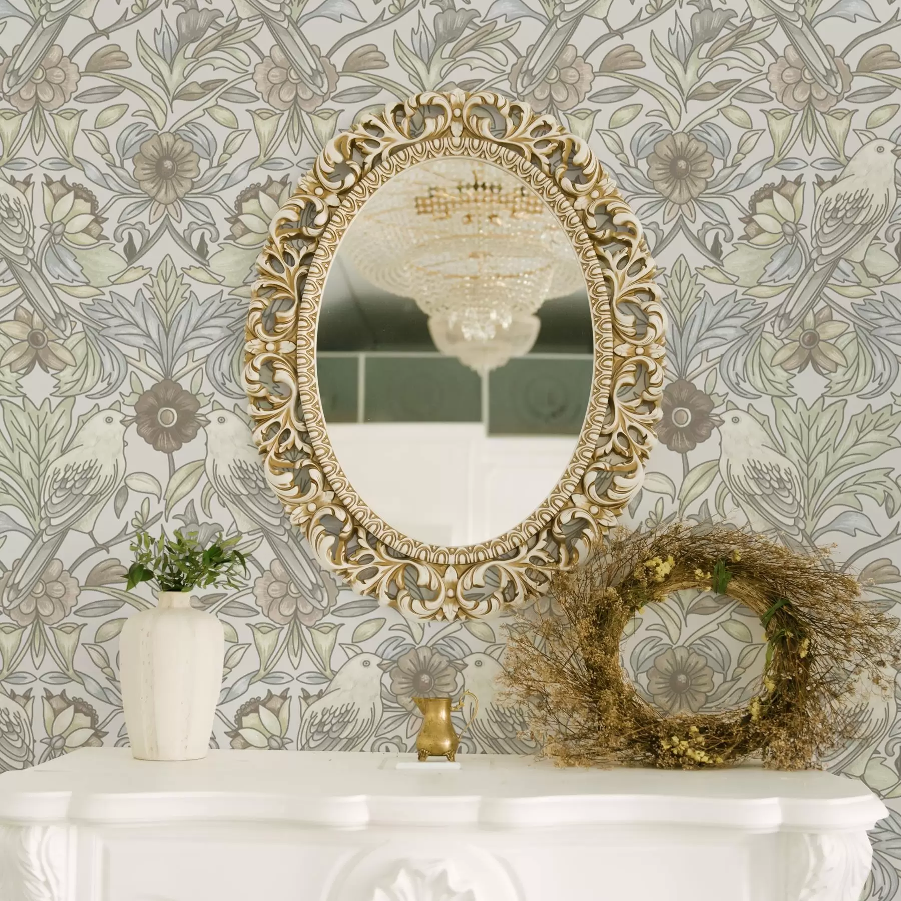 Fototapeedid Juugendstiilis linnud ja pastelsed stiliseeritud lilled a00385