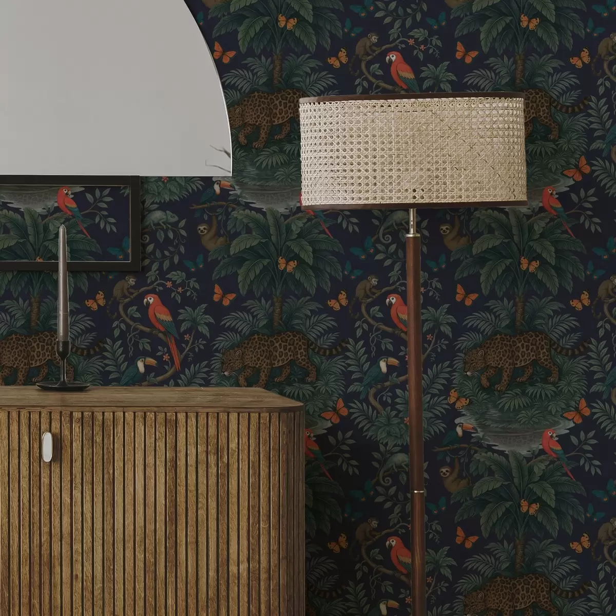 Tapeet Troopiline džungel koos leopardi, leopardi, papagoide ja liblikatega a00388