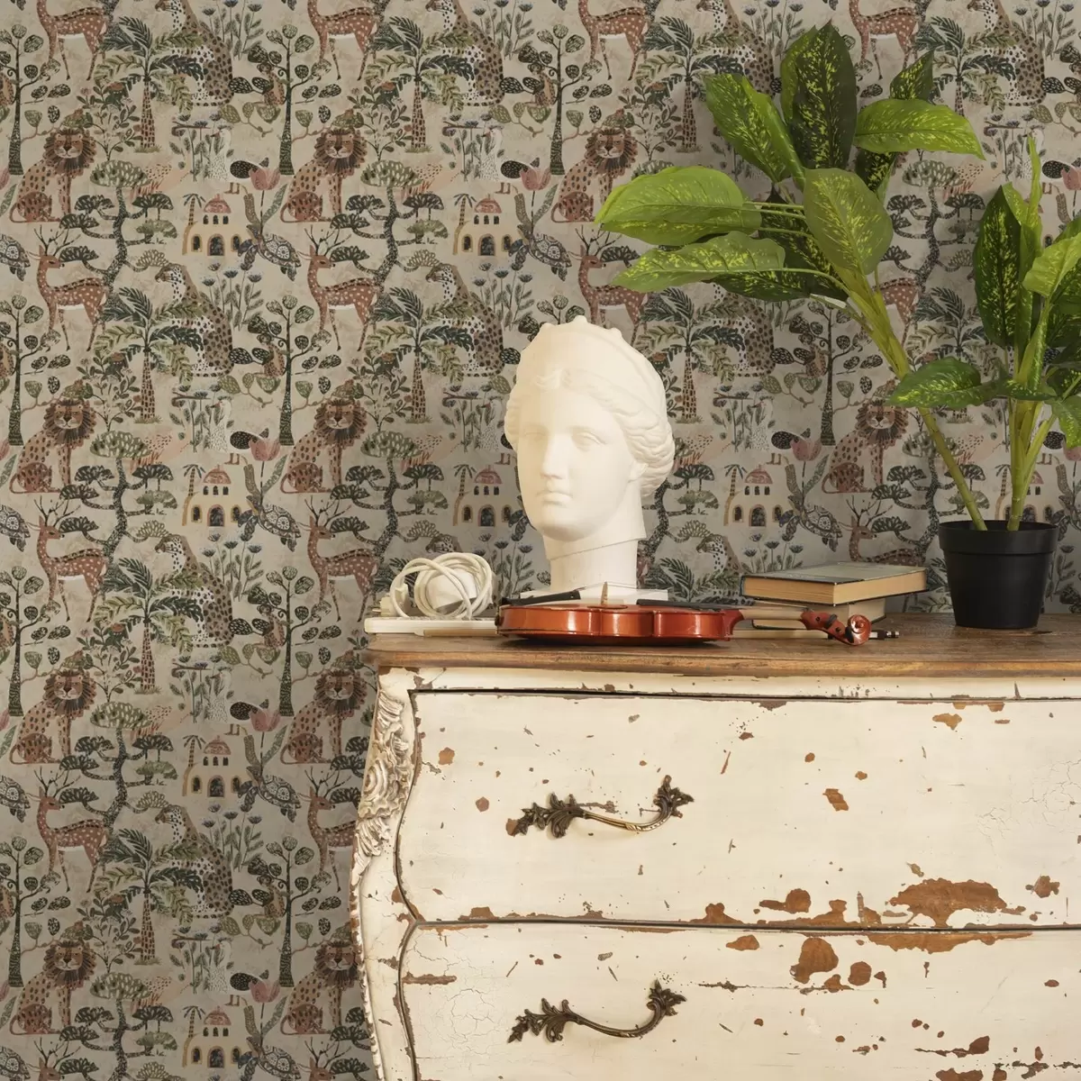 Tapeet Safari loomad ja savannilehed soojades mahedates toonides a00392