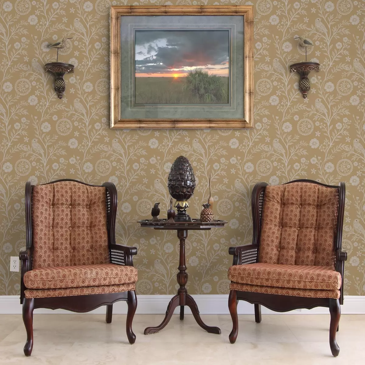 Tapeet Valge linnu ja lille õrn visand valge lind ja lill ooker taustal a00393