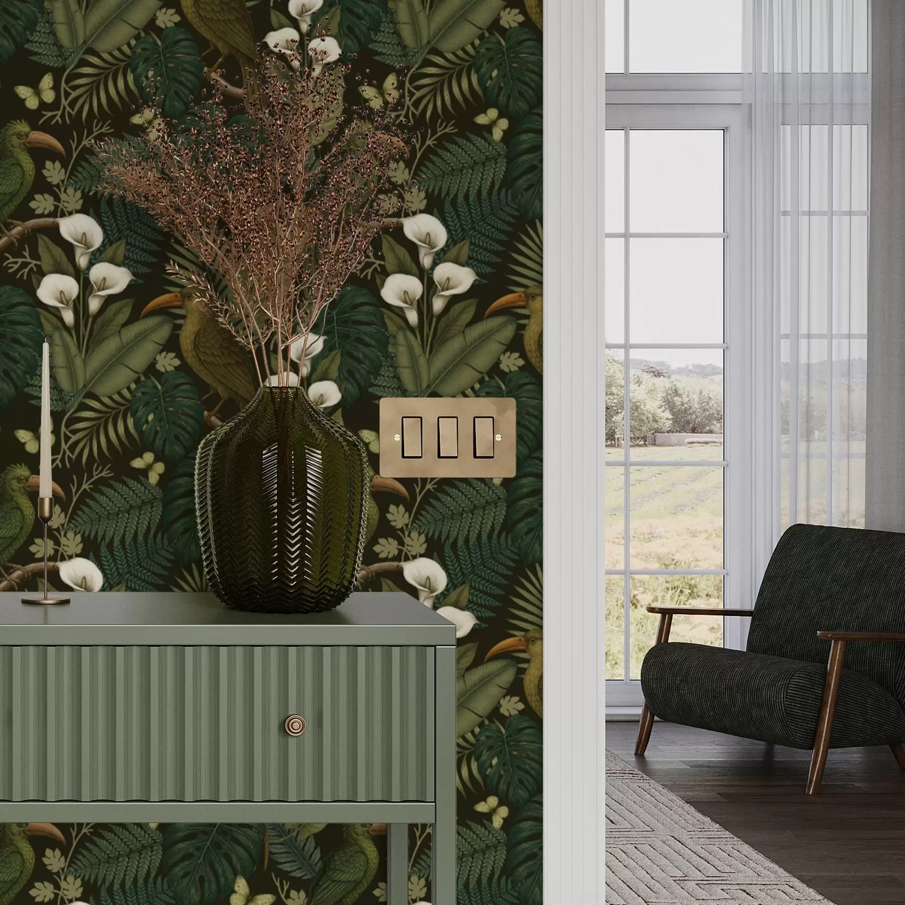 Fototapeedid Troopilised linnud ja lopsakas rohelus tumedal džungli taustal a00397